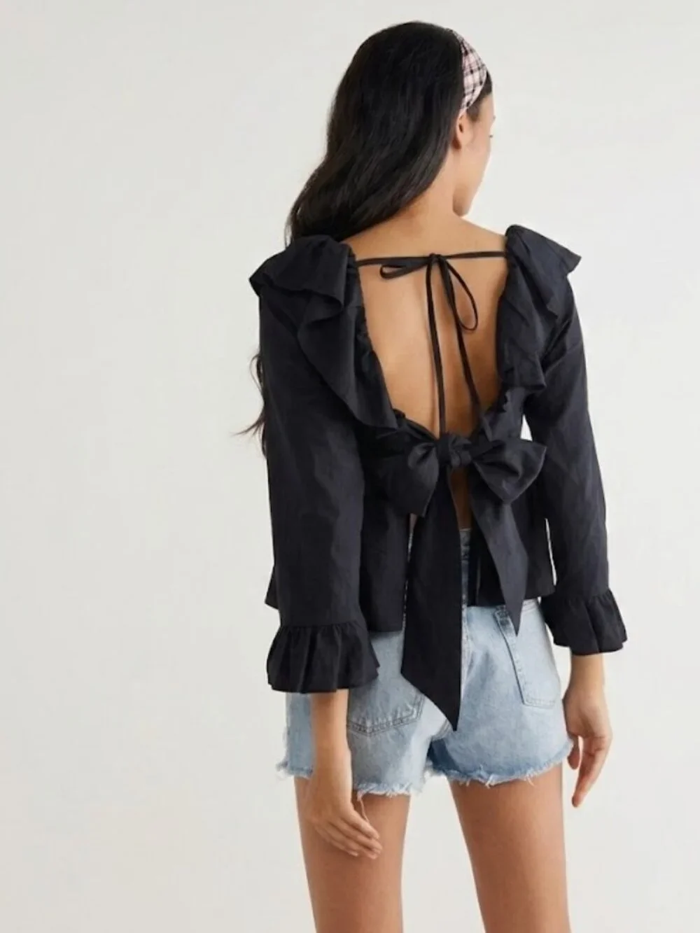 Free People Tulla Babydoll Open Back Long Sleeve Blouse - Black